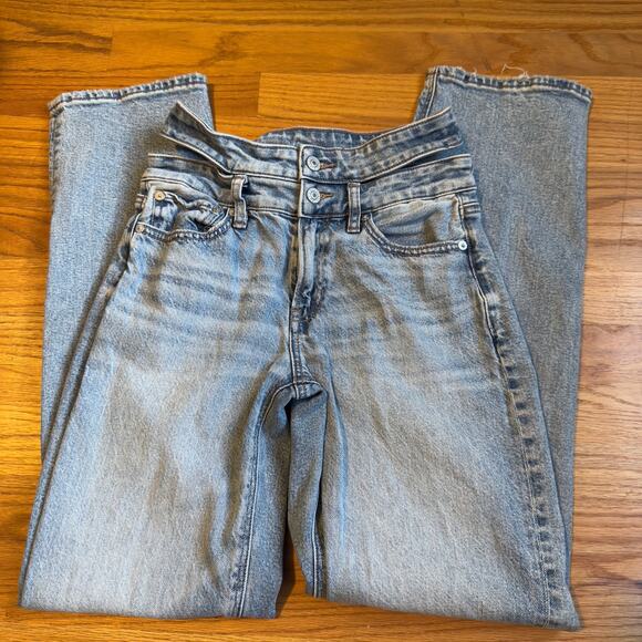 AE Strigid Super High-Waisted Baggy Straight Cut-Out Jeans Blue Size 00 - Picture 4 of 12